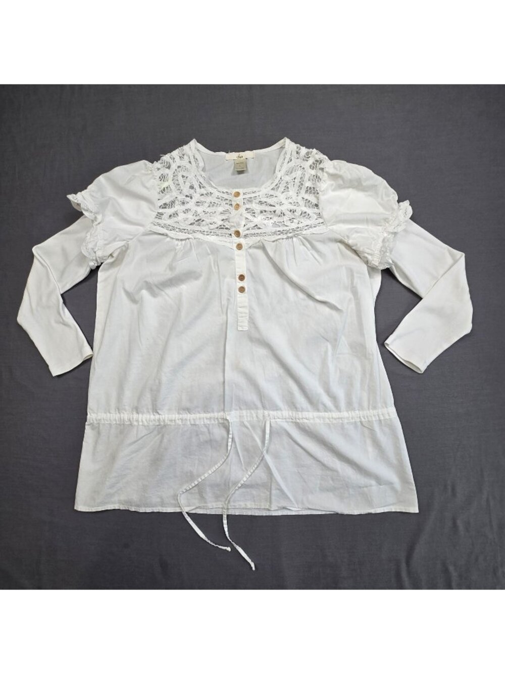 Sin Large Cotton Lace Embroidered White Long Sleeve Tunic Top FLAWED Boho